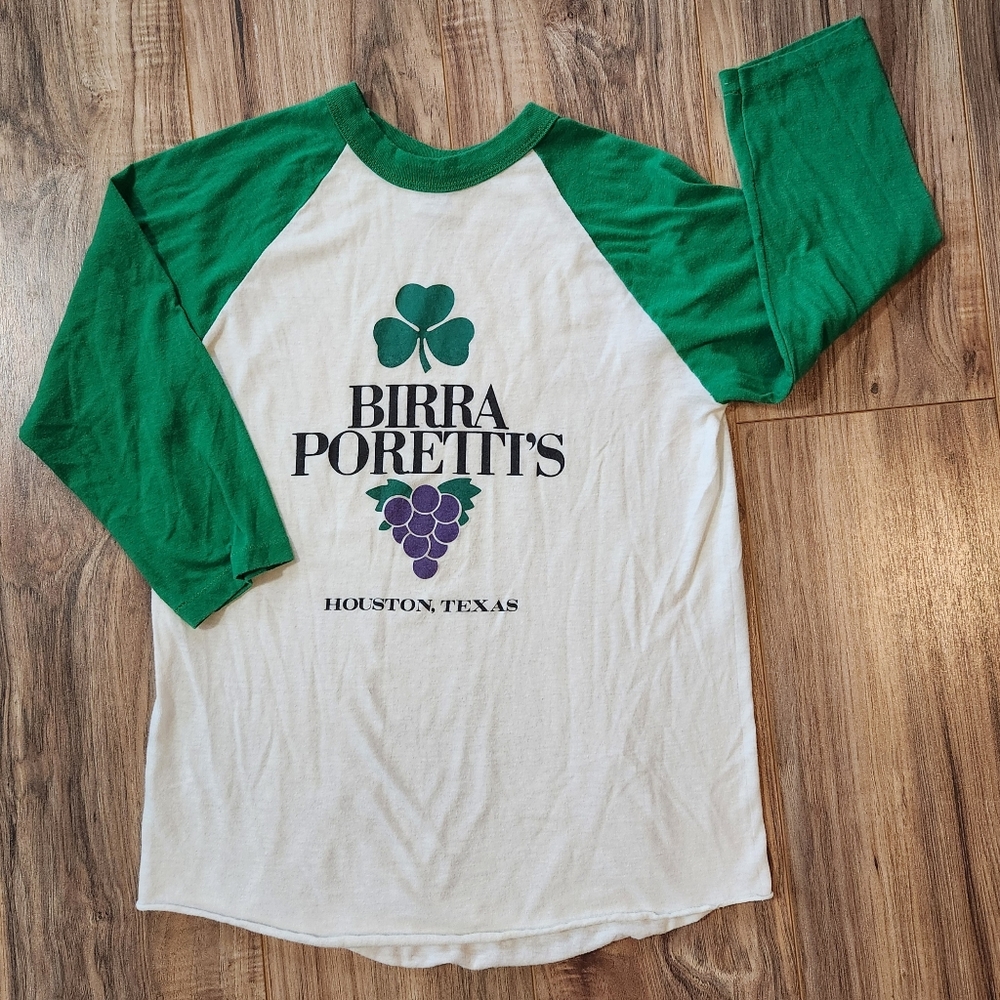 Vintage 80s Birra Poretti's Houston Raglan Tee T-Shirt Italian TX St. Patrick's